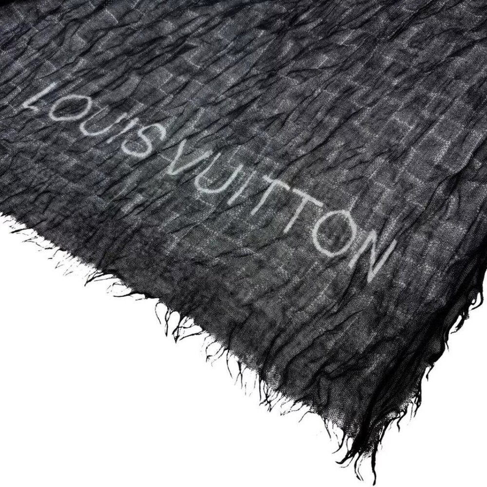 Authentic LOUIS VUITTON Large Scarf Damier Pattern Black Cashmere - Picture 4 of 16